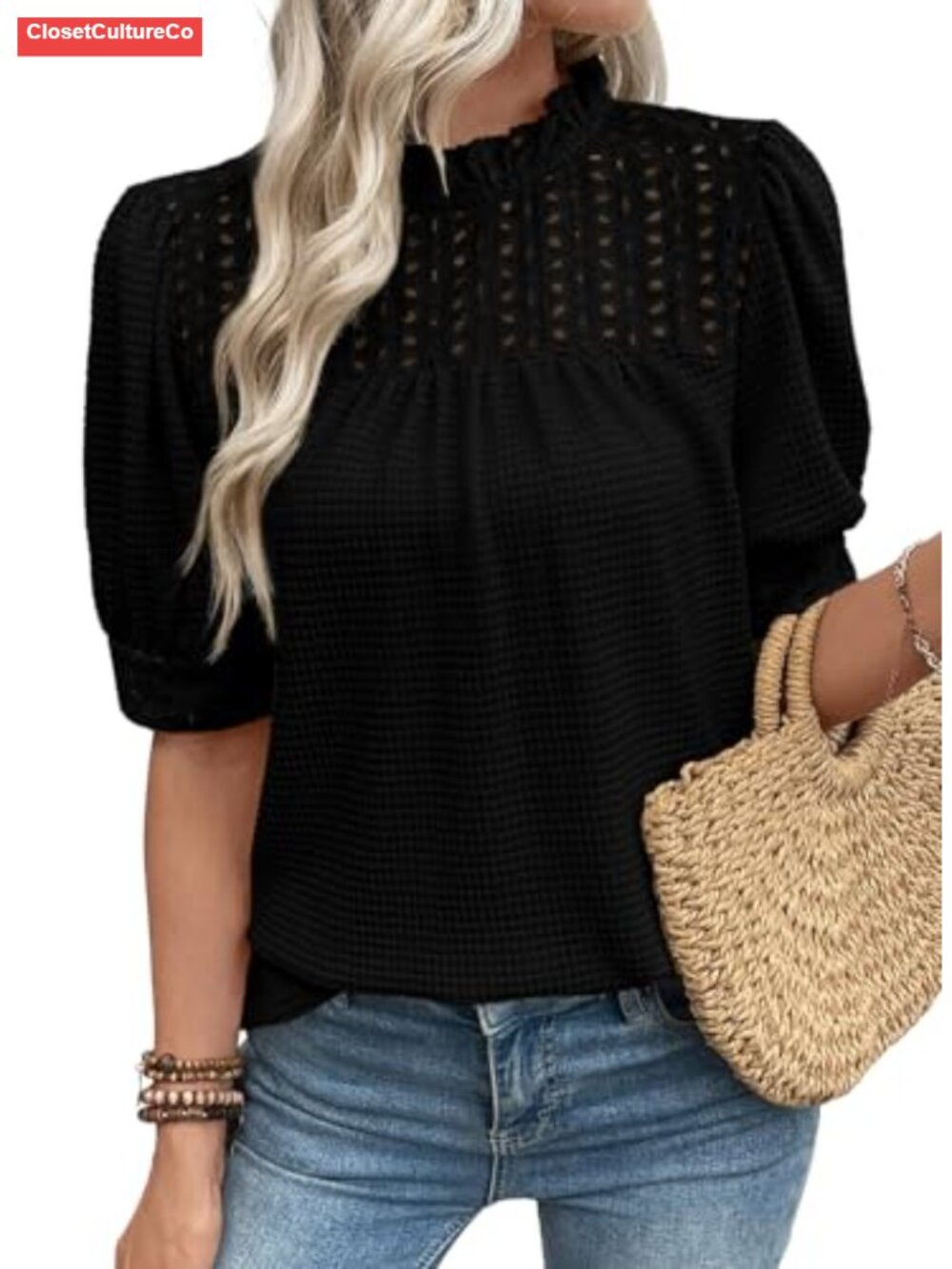 Waffle Knit Mock Neck Eyelet Blouse Short Sleeve Dressy Casual